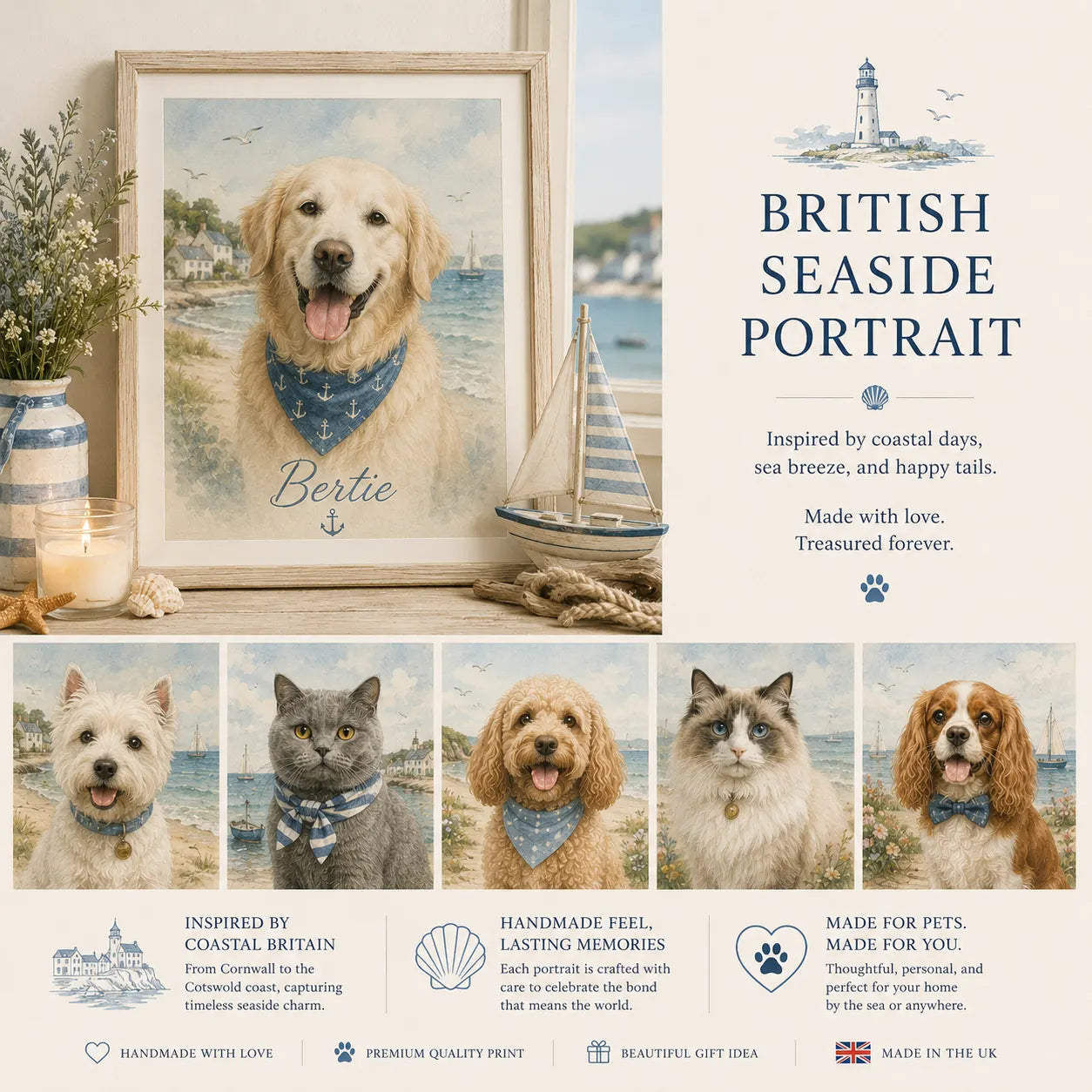 British seaside pet portrait inspired by coastal villages, lighthouse charm, soft seaside colours, and relaxed ocean memories.