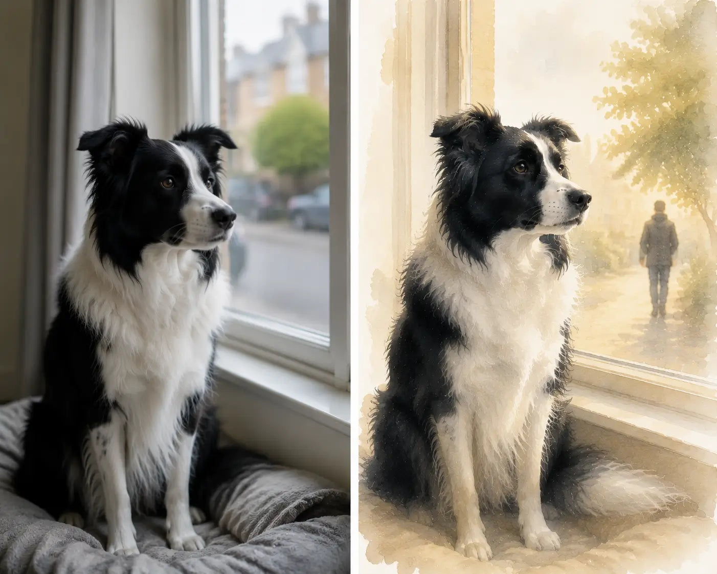 Side-by-side comparison of a Border Collie. Left panel: original photo of the dog sitting by a window. Right panel: memory-themed simplified background focusing on the dog.