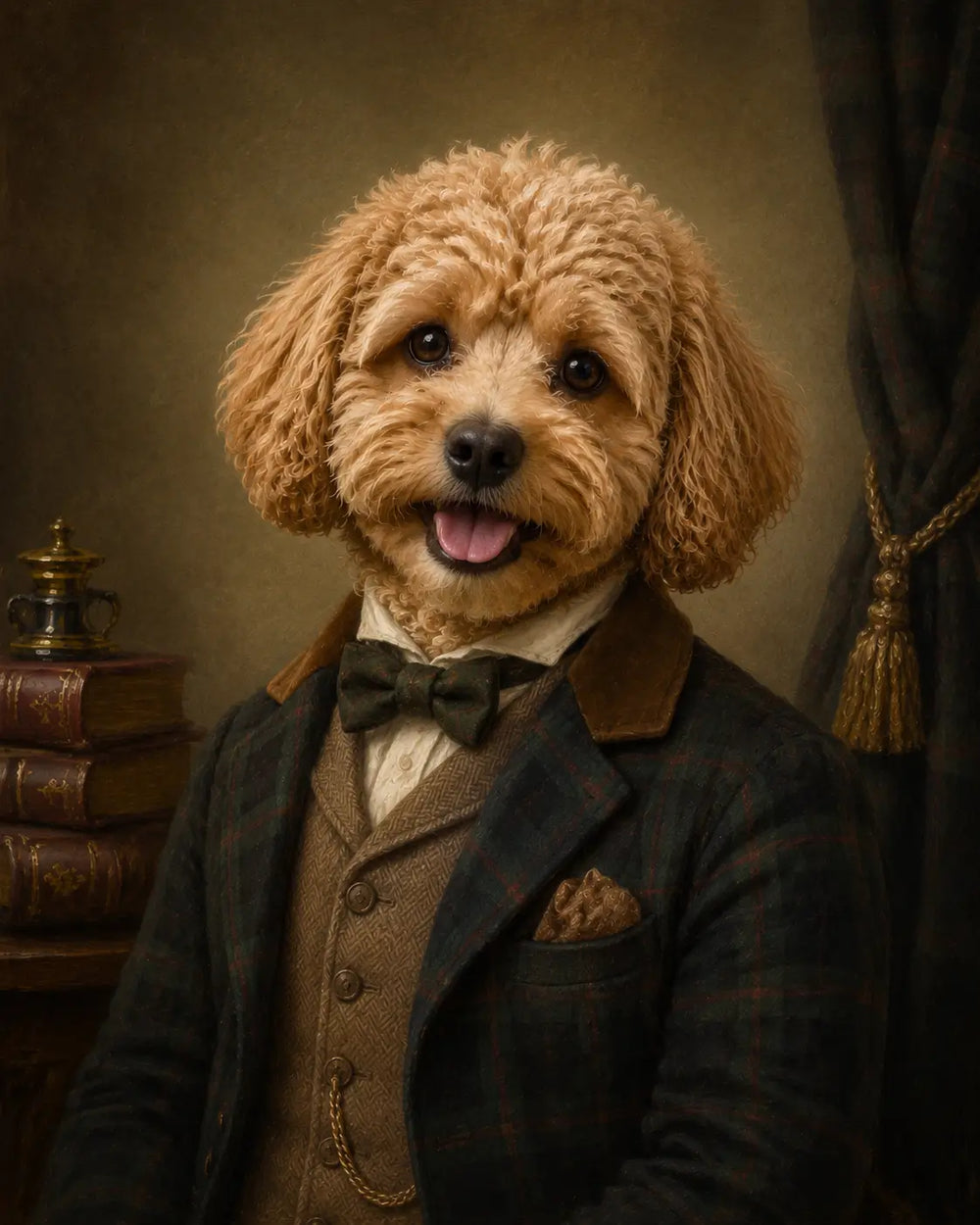 A small dog in a British-style oil painting portrait, dressed in a classic plaid jacket and bow tie, sitting in a warm, softly lit room with a joyful, smiling expression.