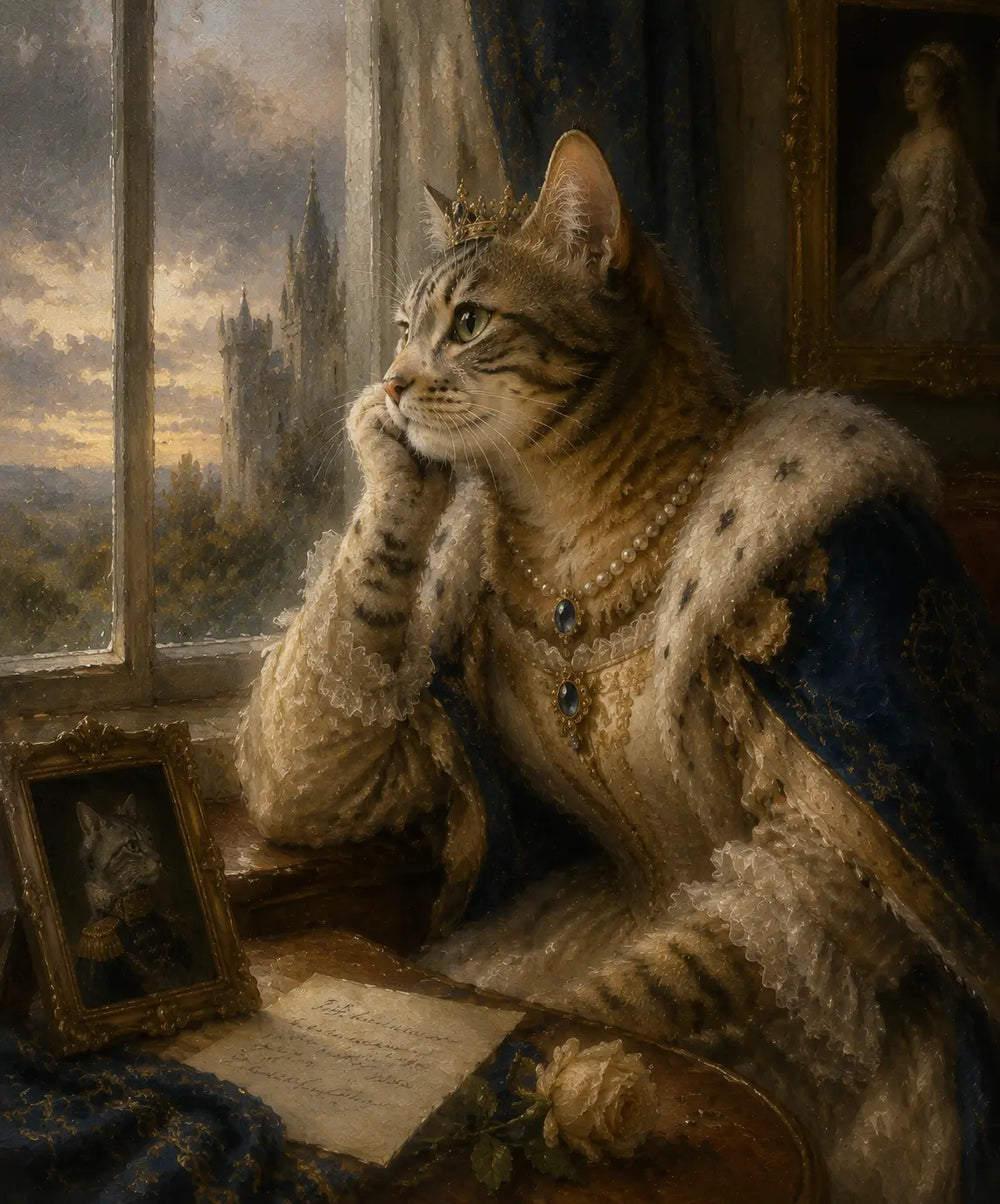 Regal tabby cat dressed in luxurious royal robes and a crown, sitting by a window with a distant castle view at sunset, gazing wistfully with a pensive expression. Intricately detailed classical oil painting style, warm soft lighting, elegant historical interior, conveying a mood of melancholy and contemplation.