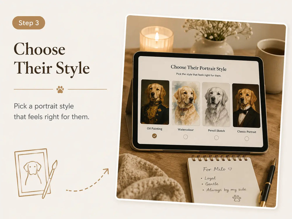 Pet portrait style selection for a personalised pet memory portrait by Aooiart