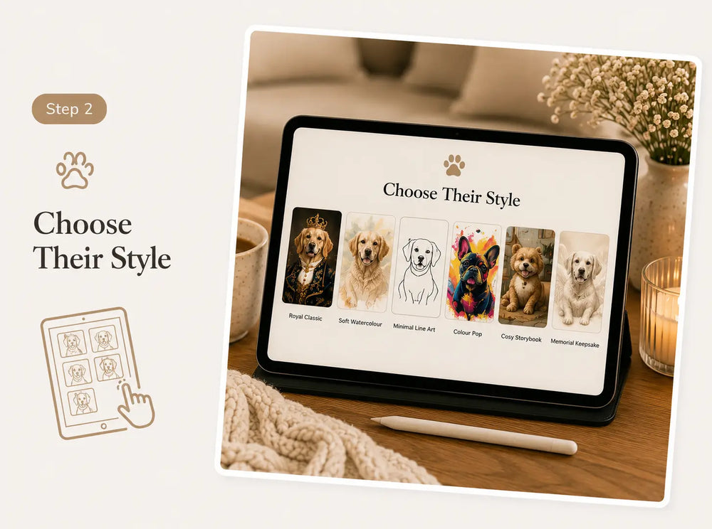 Step 2 guide showing different personalised pet portrait styles, including royal, watercolour, minimal, colour pop, cosy storybook and memorial keepsake.