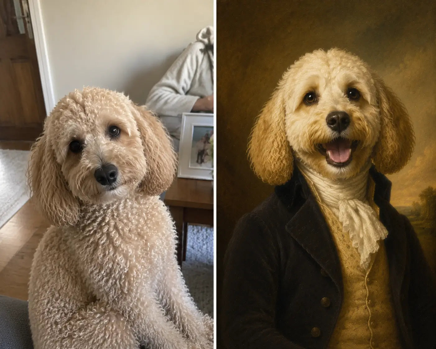 Side-by-side comparison of a Cocker Spaniel. Left: casual real-life photo of the dog sitting naturally on a cozy home carpet. Right: classic oil painting portrait of the same dog in regal attire with a joyful expression, highlighting a memorial and aristocratic theme.