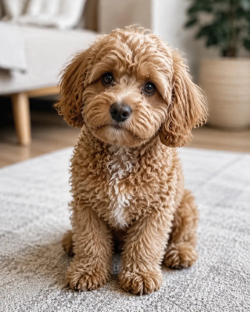 A small cute dog sitting on a cozy carpet in a British-style living room, looking at the camera with bright, expressive eyes.