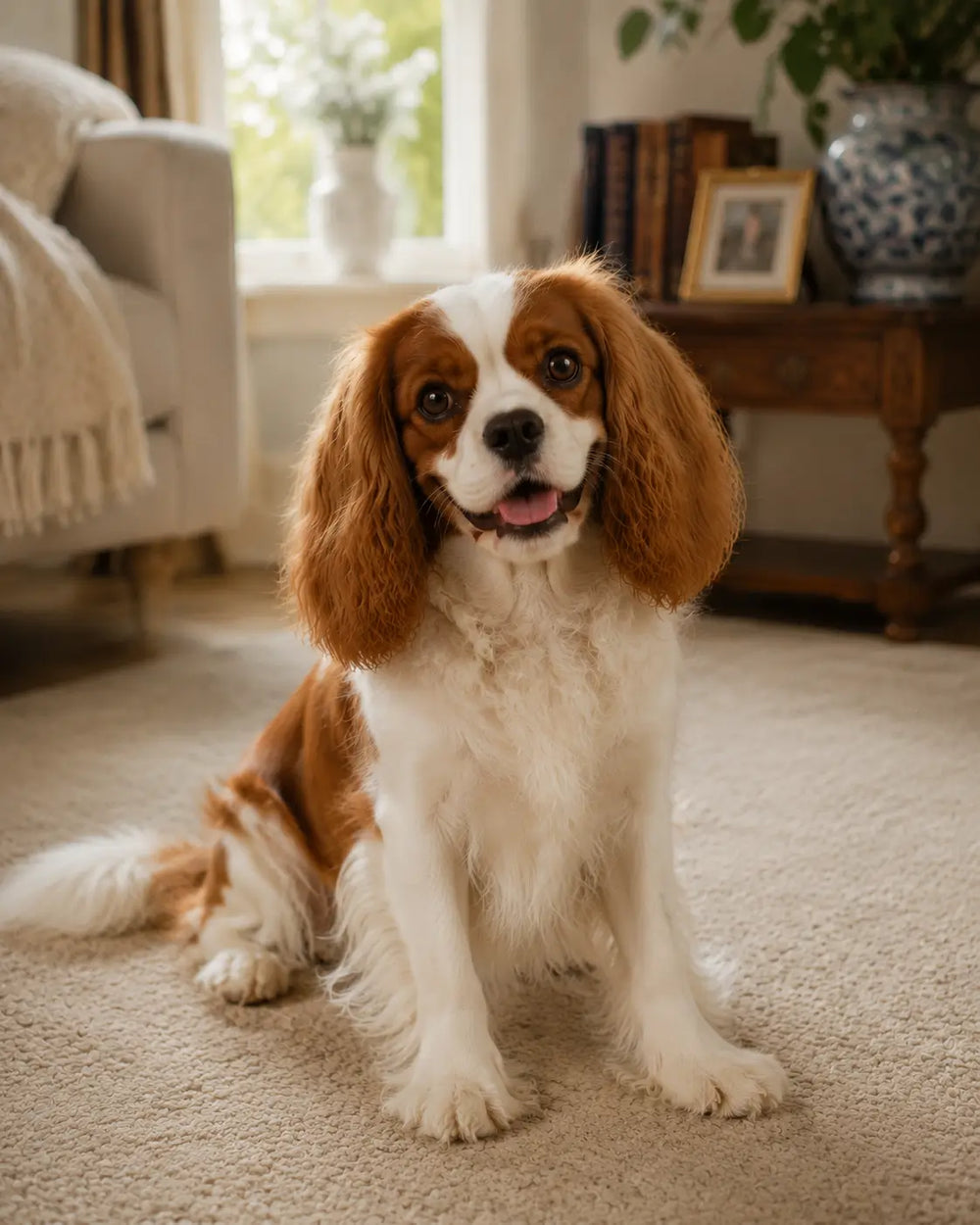 Cozy indoor photo of a Cavalier King Charles Spaniel sitting on a soft blanket, looking at the camera with gentle eyes, UK home-style interior.