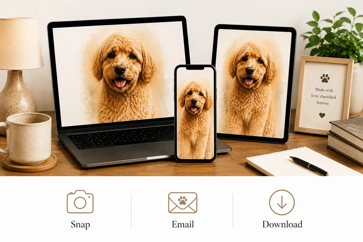 Digital pet portrait displayed on a laptop, tablet and phone, showing email delivery and download options for a personalised pet portrait.