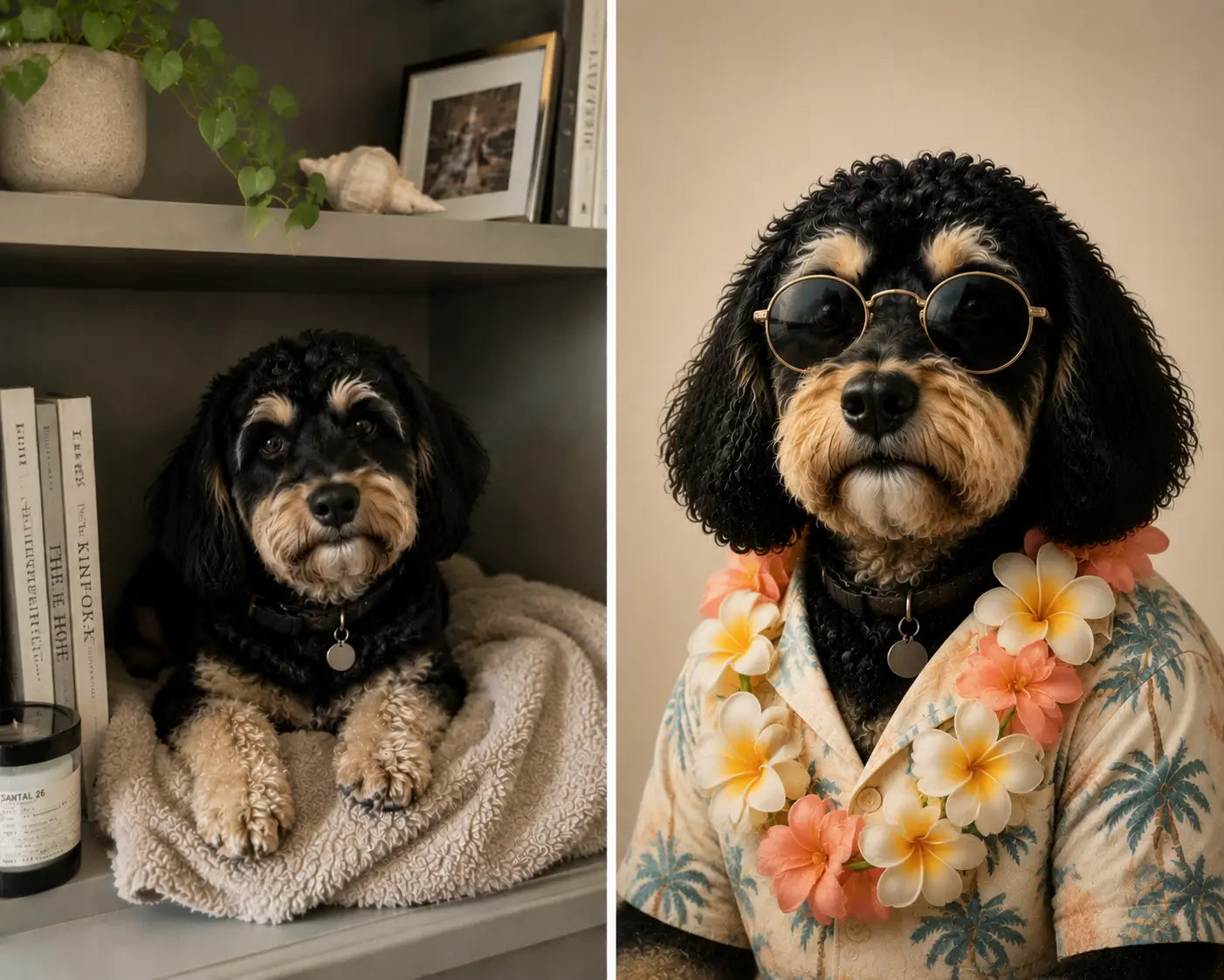 Side-by-side comparison of a dog: left panel shows a relaxed dog lying on a cozy blanket on a shelf, right panel shows the same dog in a tropical vacation look wearing a Hawaiian shirt and lei, highlighting playful and cheerful mood.