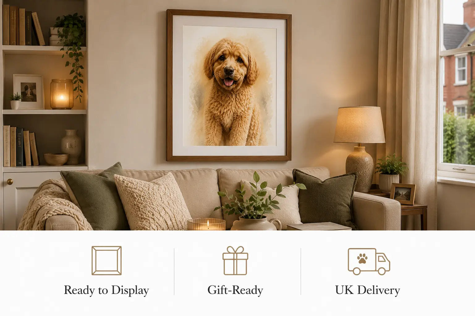 Framed personalised pet portrait displayed in a cosy UK living room, ready to display as a thoughtful gift or home keepsake.