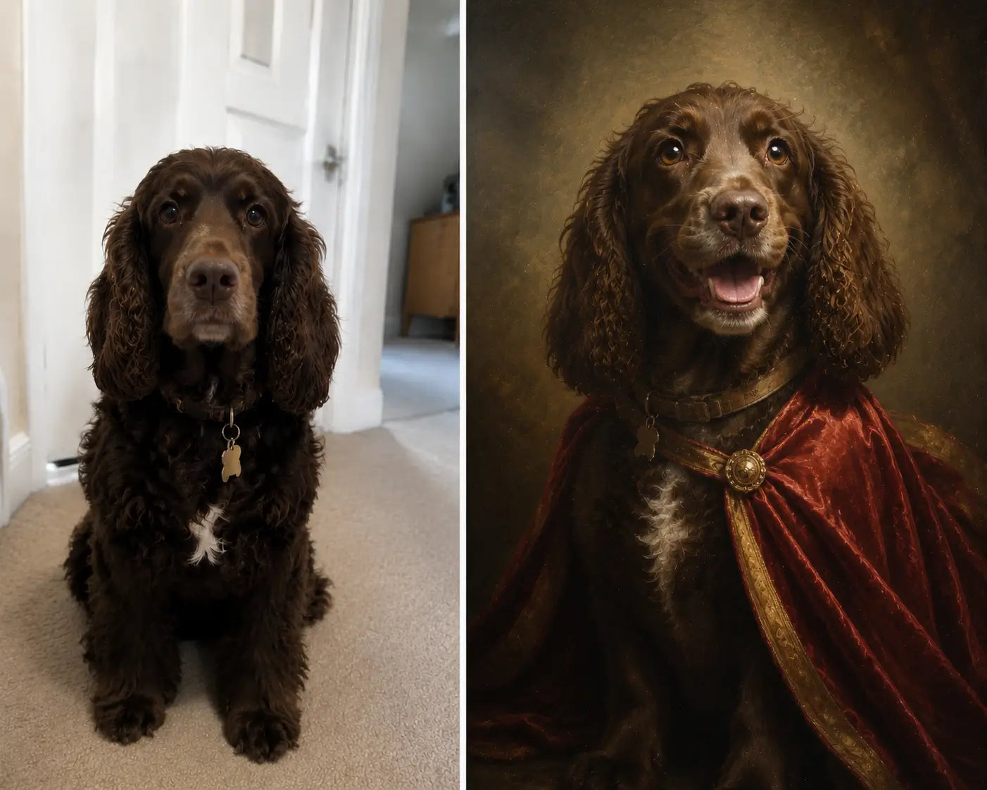 Side-by-side comparison of a Golden Retriever: left panel shows a realistic photo of the dog sitting quietly in a hallway, right panel shows a memory-themed painting of the same dog with a clean background, warm indoor tones, capturing a sentimental and memorial mood.