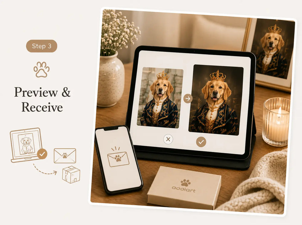 Step 3 guide showing a personalised pet portrait preview with approval options, digital delivery and printed or framed keepsake choices.