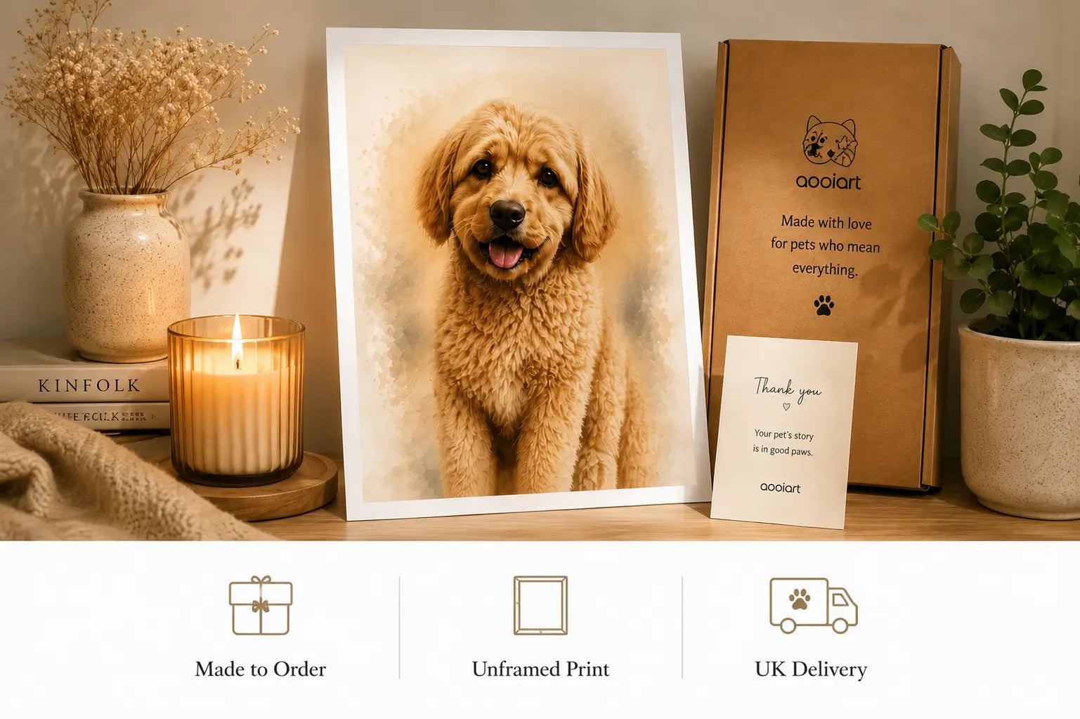 Unframed printed pet portrait with gift packaging, showing a made-to-order personalised pet print with UK delivery.