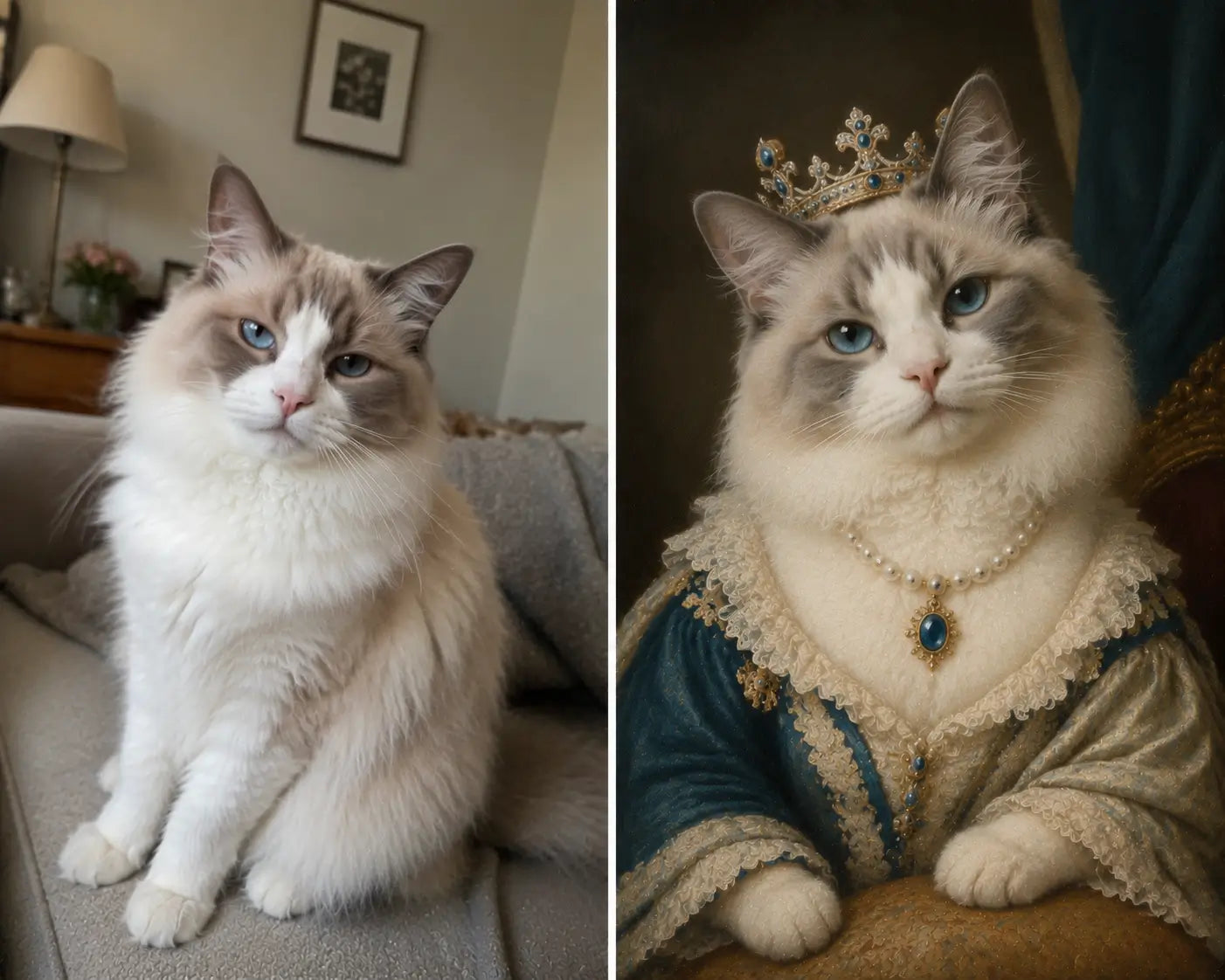 Side-by-side comparison of a Ragdoll cat: left panel shows a casual indoor smartphone snapshot of the cat sitting on a couch, right panel shows the same cat in a regal royal oil painting style, wearing a jeweled crown and elegant gown, highlighting its personality.