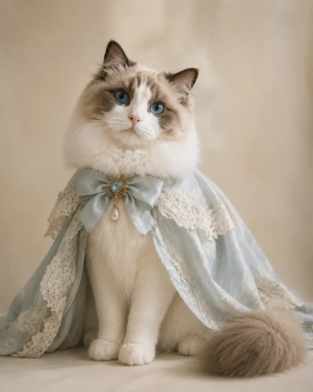 Ragdoll cat in a Victorian royal-inspired outfit, sitting gracefully in a softly lit indoor studio, elegant and regal, blue eyes expressive, painterly oil painting style, British aesthetic.