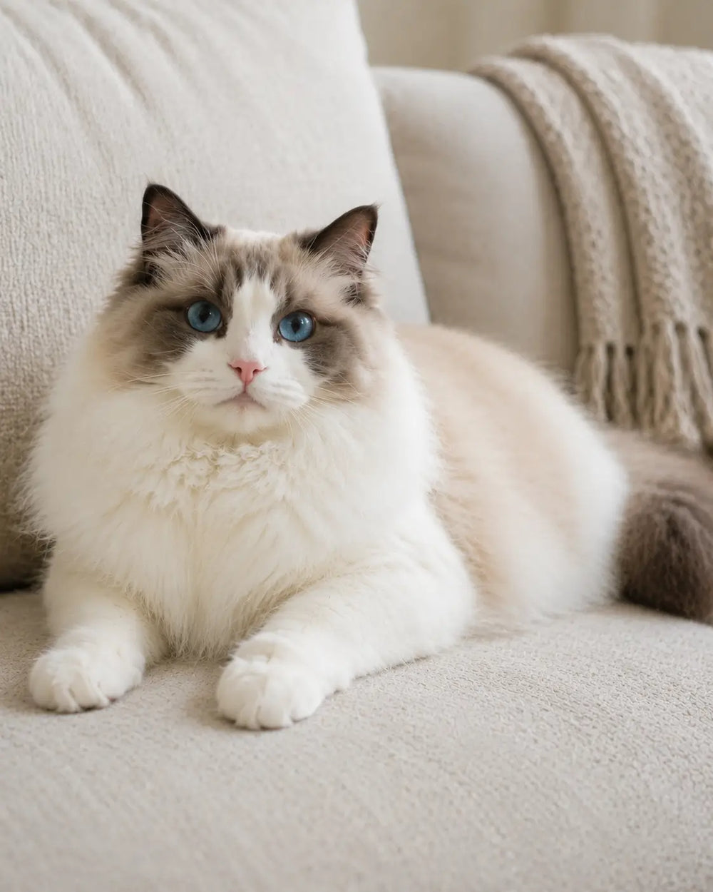 Ragdoll cat in a watercolor and colored pencil style illustration, sitting gracefully with expressive eyes, calm and affectionate expression, clean minimal indoor background, warm pastel tones, British aesthetic.