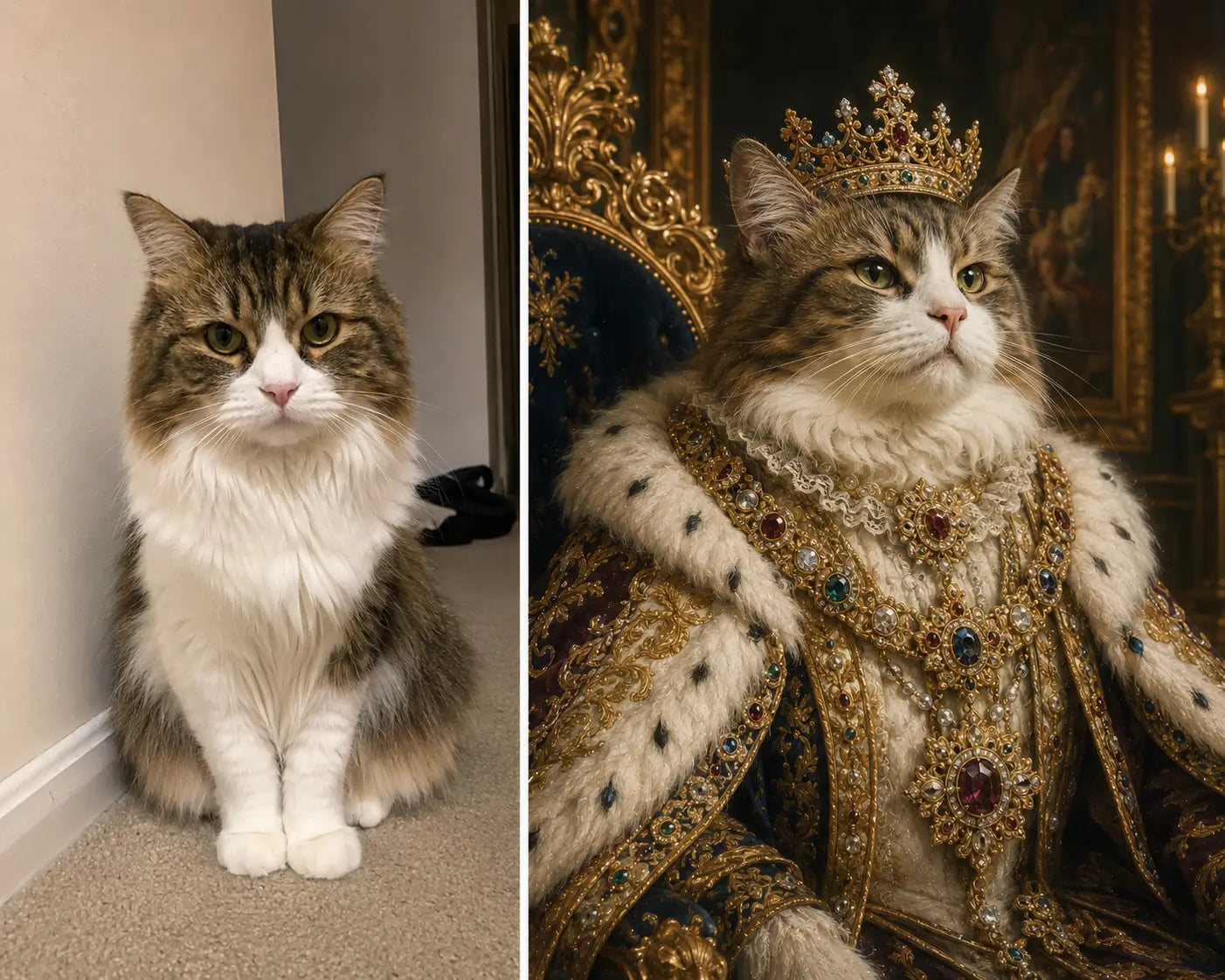 Side-by-side comparison of a tabby cat: on the left, a natural indoor photo sitting calmly on the floor; on the right, the same cat in a grand royal portrait, wearing a lavish ornate robe and jeweled crown, seated on a throne.