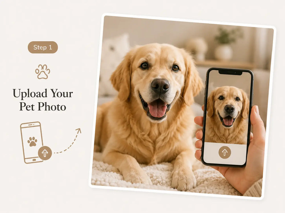 Step 1 guide showing a customer uploading a clear dog photo for a personalised pet portrait with AOOIART.