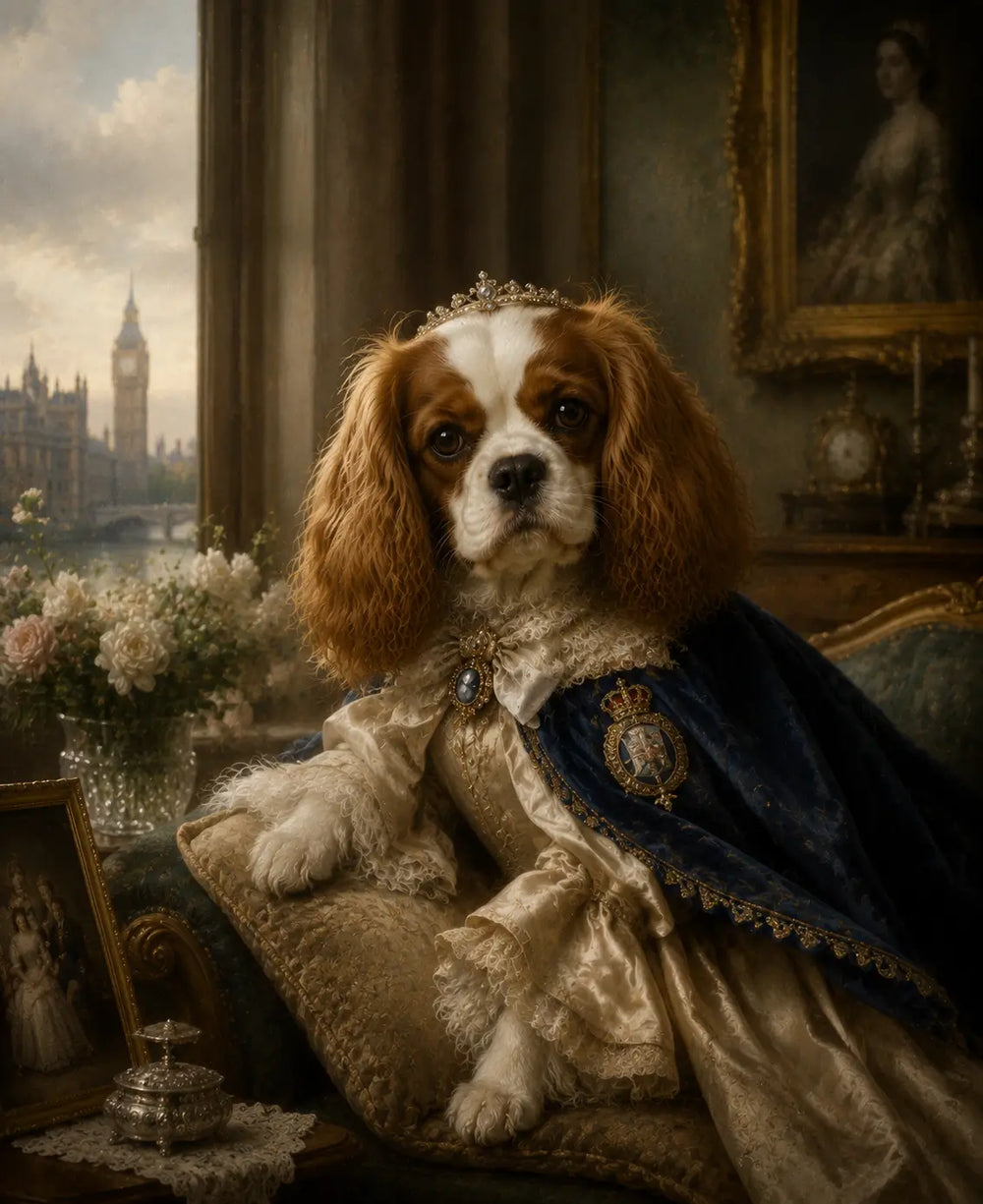 Regal oil painting of a Cavalier King Charles Spaniel in Victorian royal attire, seated on an ornate chair, expressing noble and elegant demeanor, classical UK-inspired portrait.