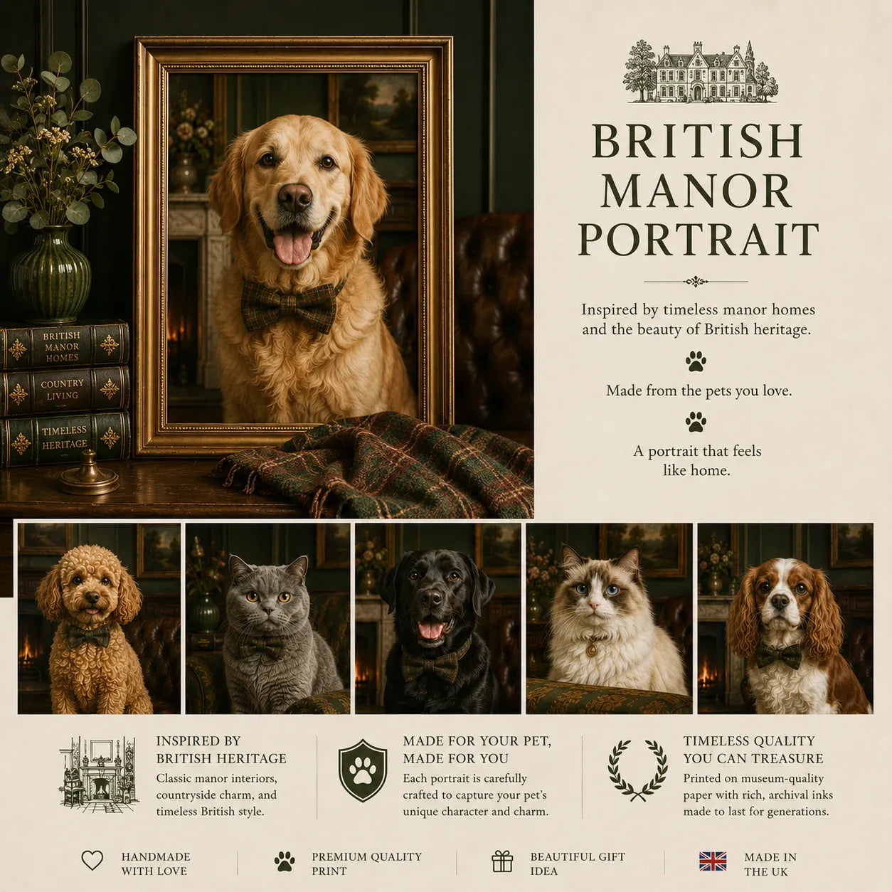 British manor style pet portrait inspired by countryside homes, warm fireplace interiors, and classic UK heritage aesthetics.