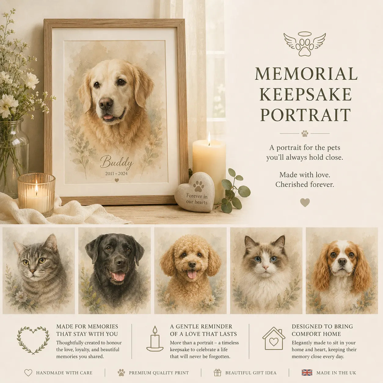 Memorial keepsake pet portrait created to honour beloved pets with calming tones, emotional warmth, and timeless remembrance.