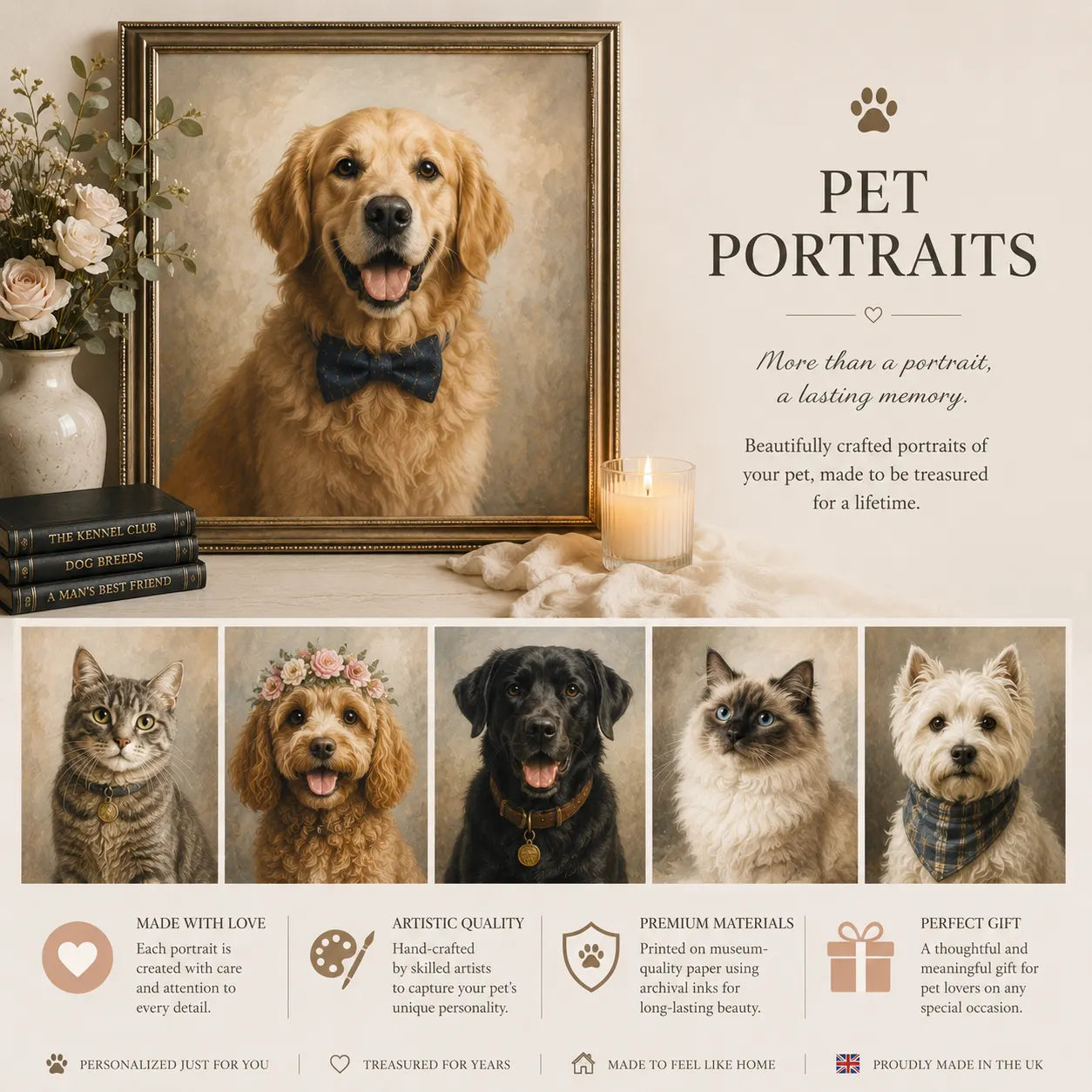 Elegant personalised pet portrait collection featuring timeless framed artwork designed for modern British homes.