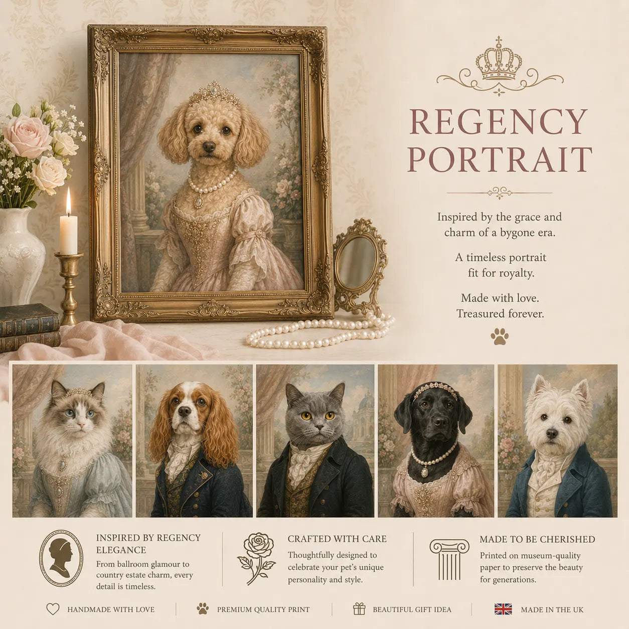 Regency-inspired pet portrait with romantic vintage elegance, soft pastel styling, and refined British royal aesthetics.