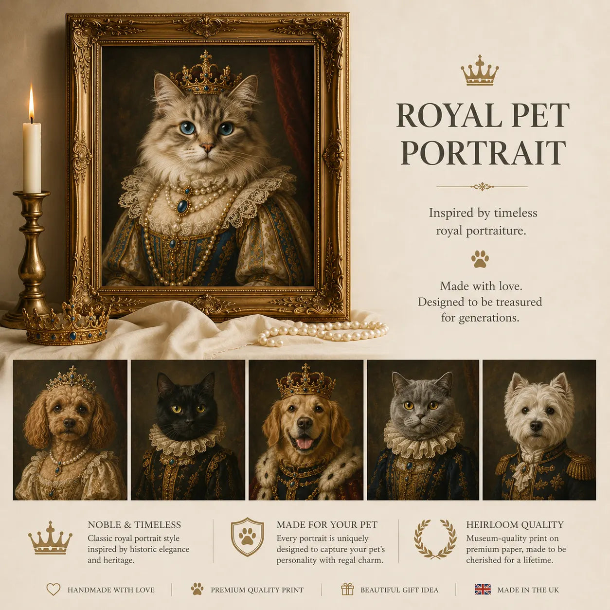Royal pet portrait inspired by British aristocratic oil paintings with elegant gold frame styling and timeless regal charm.