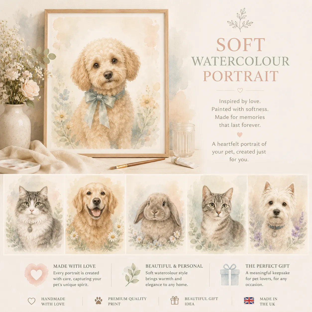 Soft watercolour pet portrait with delicate pastel tones, floral details, and personalised British keepsake styling.
