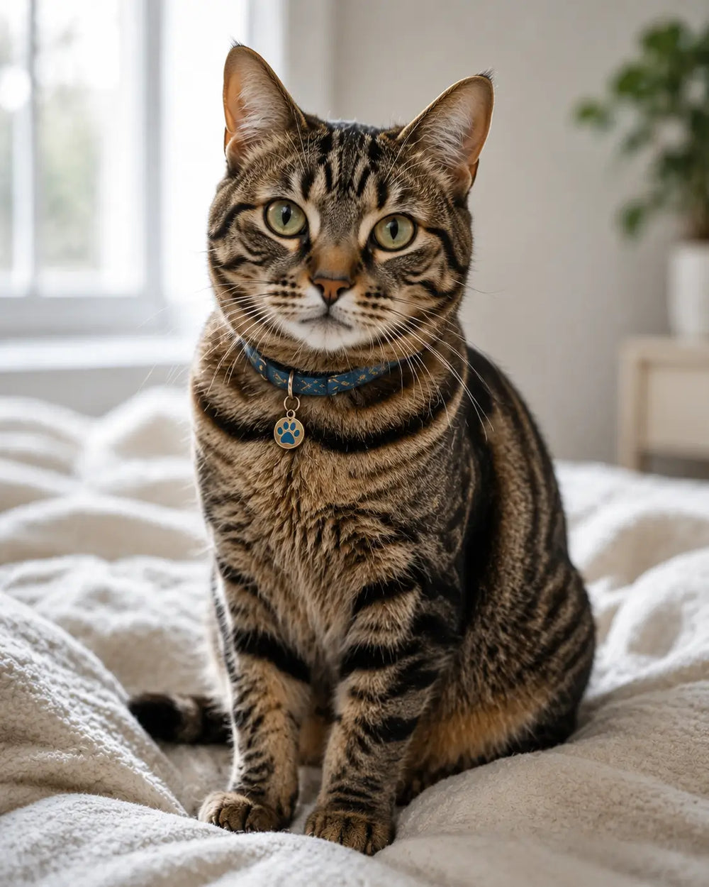 Watercolor portrait of a tabby cat dressed in traditional British countryside attire, sitting indoors with soft window light, books, and flowers, capturing its personality and charm.