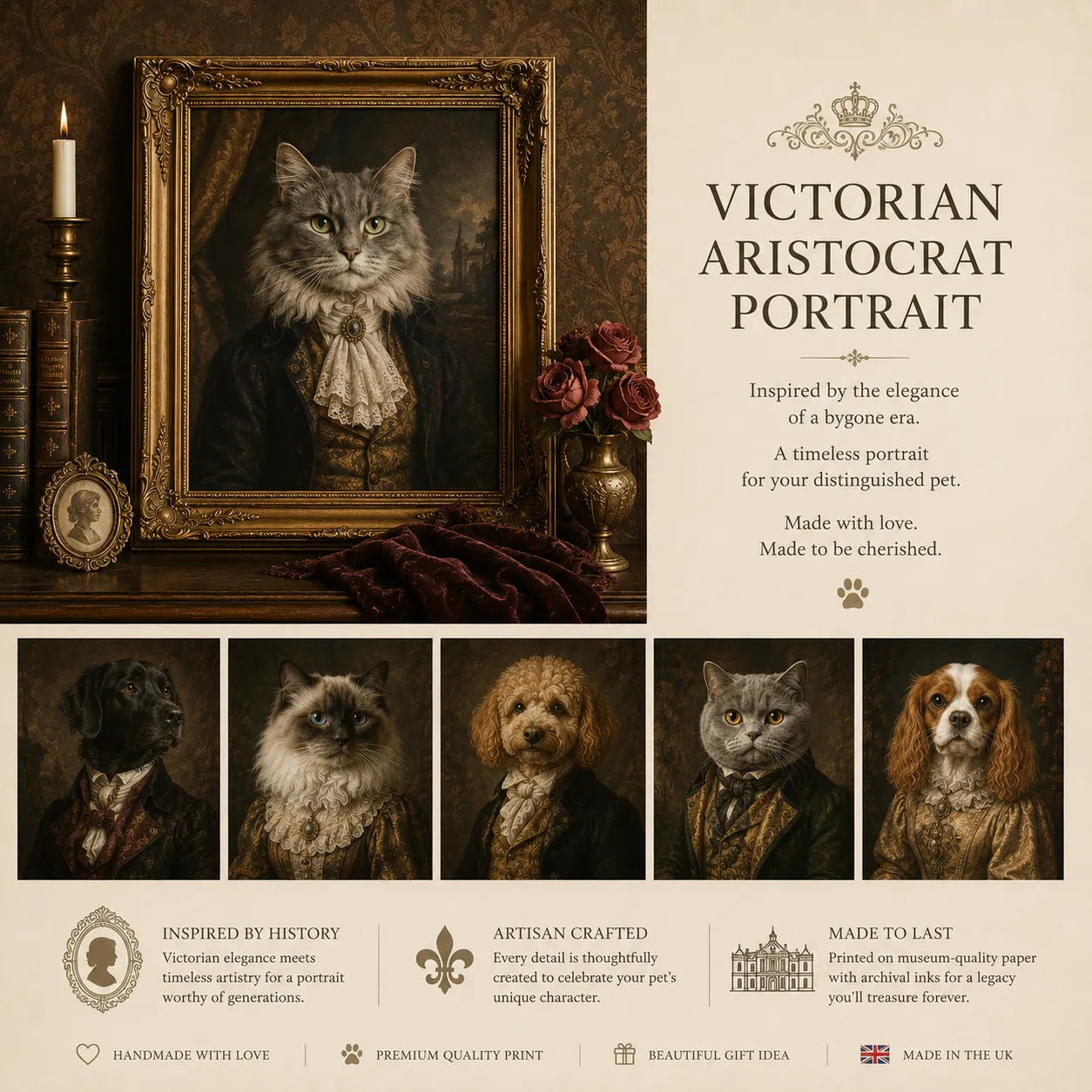 Victorian aristocrat pet portrait featuring luxurious heritage styling, rich vintage interiors, and timeless museum-inspired elegance.